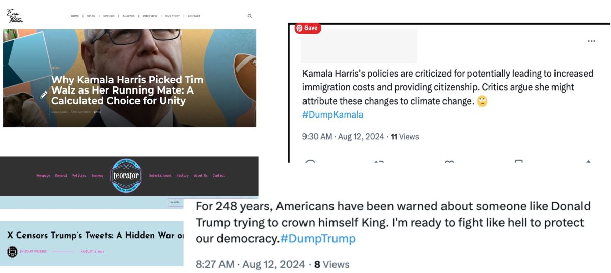 Figure 1: Examples of AI-generated fake news sites and social media botnet tweets captured by OpenAI.